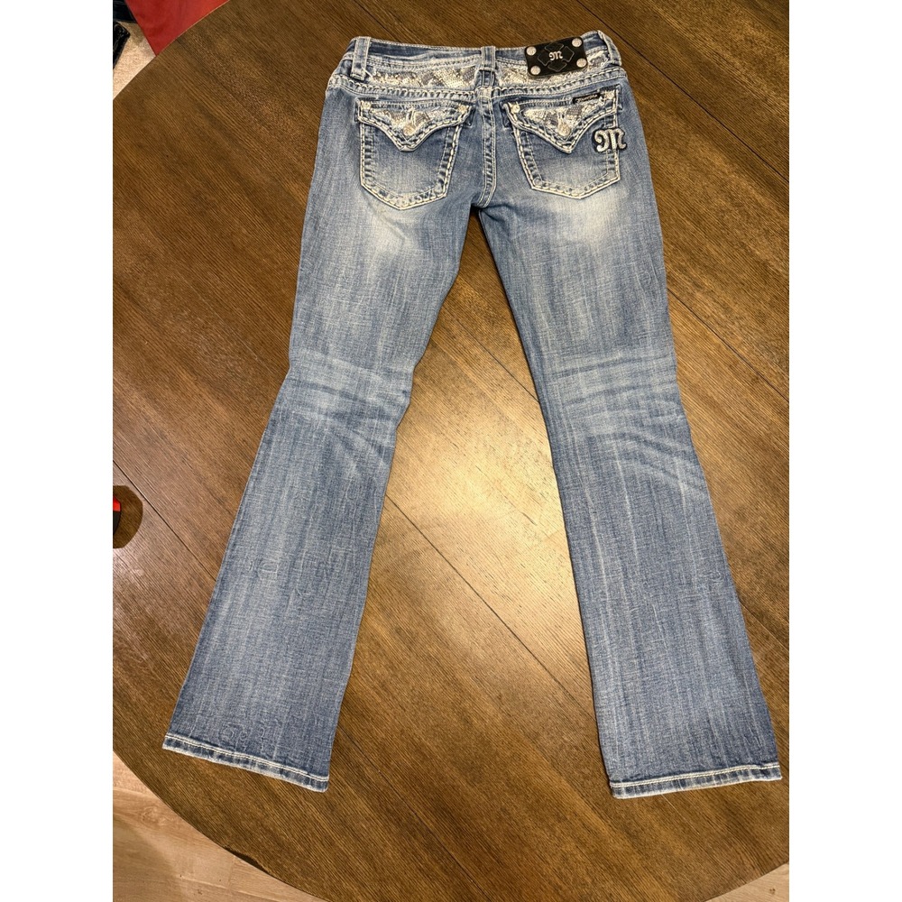 Miss Me JE8017BR Bootcut Jeans Embellished Sequin Rhinestone Blue Denim Size 28 - Picture 3 of 10